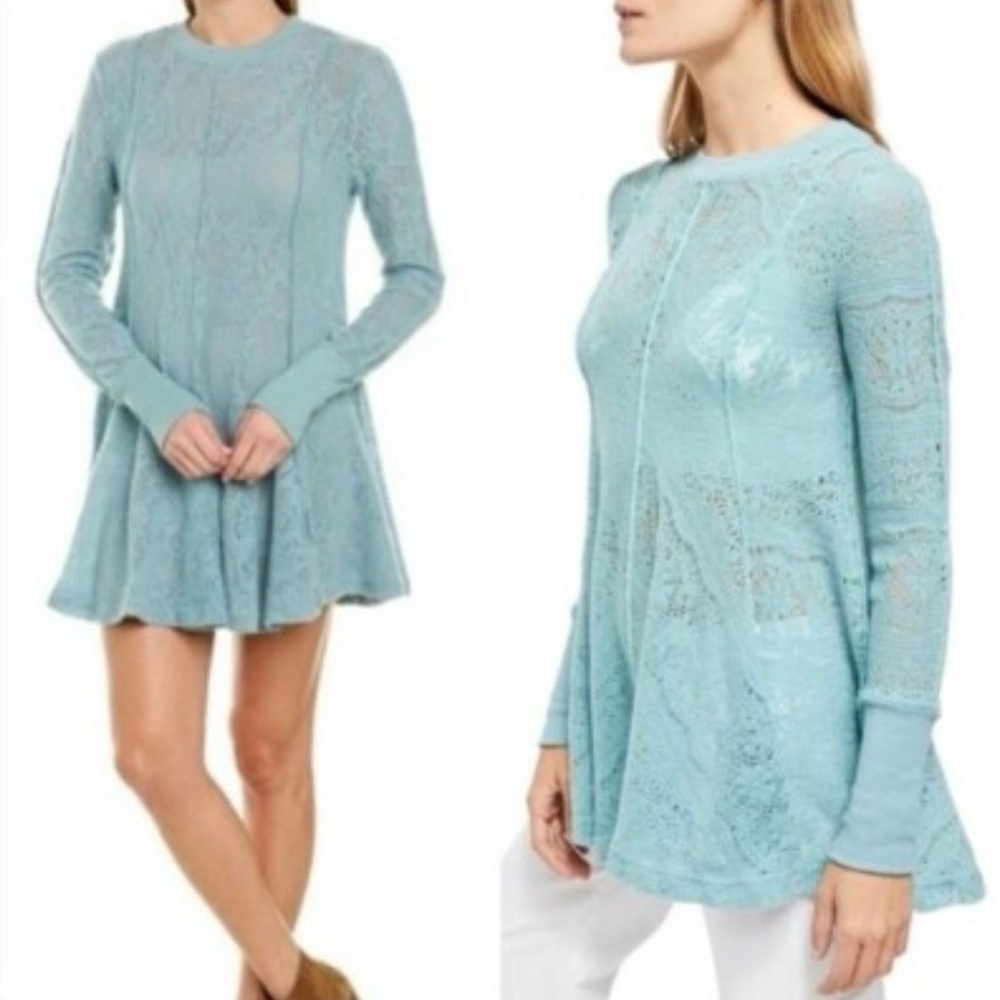Free People Long Sleeve Lace Tunic/mini dress in Light Blue